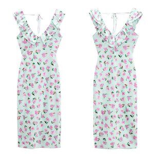 ZARA RUFFLED FLORAL DRESS SS22 GREEN | 2157/046